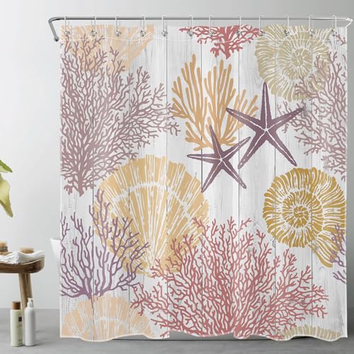 LB Sommer Nautik Duschvorhang 240x175cm Meer Rot Koralle Seestern Gelbe Muschel Antischimmel Wasserdicht Badezimmer Vorhänge,Graues Holz Extra Breit Polyester Stoff Bad Vorhang mit Haken von LB
