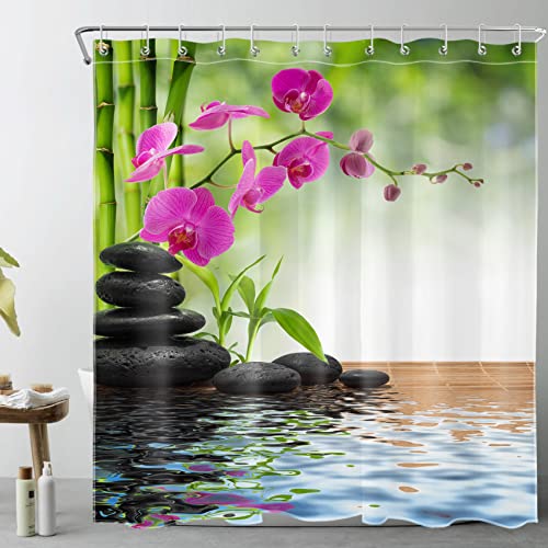 LB Spa Duschvorhang 180x200cm mit Haken, Japanisch Zen Bad Gardinen Bambus Orchidee Schwarzer Stein Badezimmer Vorhang Wasser Beständig Antischimmel Waschbares Polyester Stoff von LB