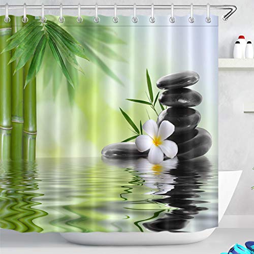 LB Spa Duschvorhang mit Haken, Schwarze Steine Orchideen Bambus Wasser Badvorhang, 180W x180H cm, Wasserabweisend Waschbar Anti-Schimmel Polyester Fabrik von LB