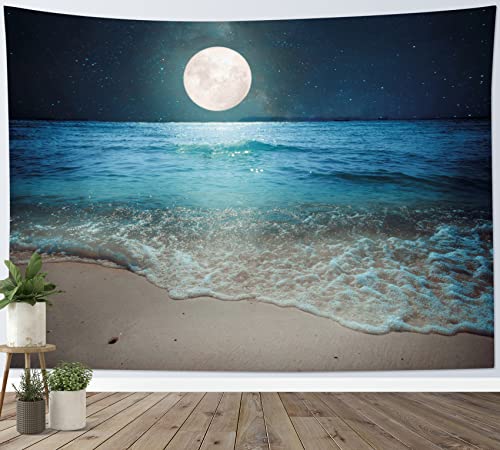 LB Strahlender Mond Wandteppich Blau Meer Wandtuch Strand Wandbehang Nacht Landschaft Tapisserie für Wohnzimmer Schlafzimmer Wohnheim Wanddeko,235x180cm von LB