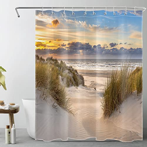 LB Strand Duschvorhang 150x180cm Sonnenuntergang Landschaft Tropeninsel Antischimmel Wasserdicht Badezimmer Vorhänge, Seestück Kurz Polyester Stoff Bad Vorhang mit Haken von LB