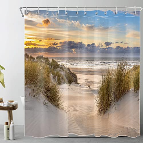 LB Strand Duschvorhang 180x200cm Sonnenuntergang Landschaft Tropeninsel Antischimmel Wasserdicht Badezimmer Vorhänge, Seestück Extra Lange Polyester Stoff Bad Vorhang mit Haken von LB