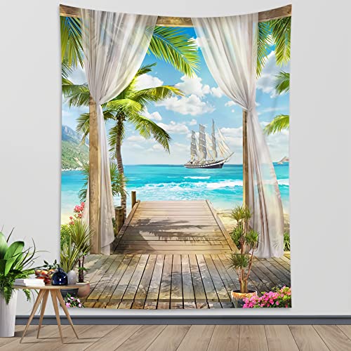 LB Strand Wandteppich Boot auf Teal Sea Wandtuch Grüne Palme und Pflanzen Wandbehang Tropische Sommerlandschaft Tapisserie für Wohnzimmer Schlafzimmer Wohnheim Wanddeko,180x235cm von LB