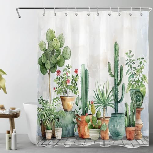 LB Sukkulente Pflanze Duschvorhang 120x175cm(BxH) Grüner Kaktus auf dem Bauernhof Antischimmel Wasserdicht Badezimmer Vorhänge, Garten Botanisch Extra Kurz Polyester Stoff Bad Vorhang mit Haken von LB