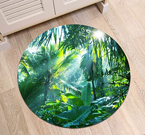 LB Tropischer Dschungel Teppich Sonnenschein durch Grünen Wald Bodenmatte Runden Bananenblatt und Pflanze Weich Waschbar Innen Fußmatte für Wohnzimmer Badezimmer Schlafzimmer,60x60cm von LB