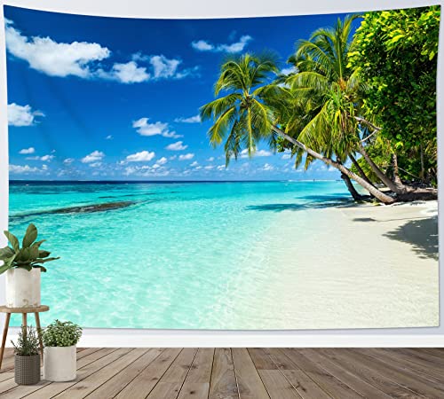 LB Tripischer Strand Wandteppich Grün Palme auf der Insel Wandtuch Türkisfarbene Meeresszene Wandbehang Summer Blue Himmel Tapisserie für Wohnzimmer Schlafzimmer Wohnheim Wanddeko,235x180cm von LB