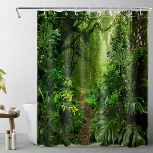 LB Tropenwald Duschvorhang 120x175cm(BxH) Grüne Bäume Pflanzen in den Bergen Antischimmel Wasserdicht Badezimmer Vorhänge, Natur Extra Kurz Polyester Stoff Bad Vorhang mit Haken von LB