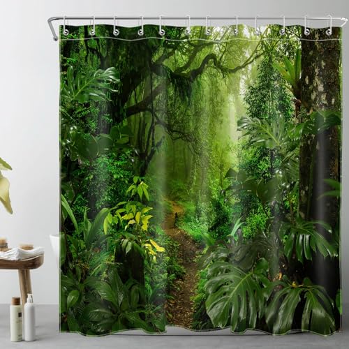 LB Tropenwald Duschvorhang 240x175cm(BxH) Grüne Bäume Pflanzen in den Bergen Antischimmel Wasserdicht Badezimmer Vorhänge, Natur Extra Breit Polyester Stoff Bad Vorhang mit Haken von LB