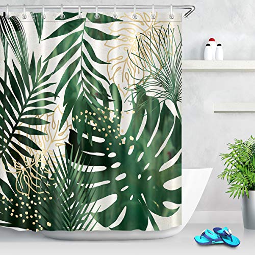 LB Tropische Blätter Duschvorhang 180cm Breit x 200cm Hoch Grüne Monstera,Palmblatt Bad Vorhänge mit Vorhanghaken Extra Lang Polyester Wasserdicht Anti Schimmel Badezimmer Vorhang von LB