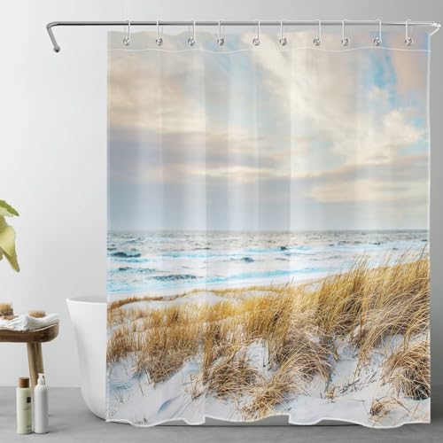 LB Tropische Küste Duschvorhang 120x175cm(BxH) Pflanze am Strand Antischimmel Wasserdicht Badezimmer Vorhänge, Graues Meer und Wolken Extra Kurz Polyester Stoff Bad Vorhang mit Haken von LB