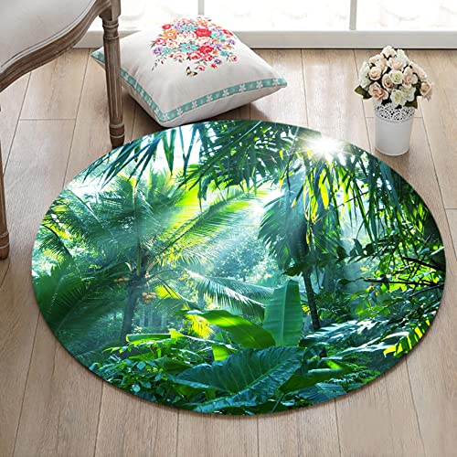 LB Tropischer Dschungel Teppich Sonnenschein durch Grünen Wald Bodenmatte Runden Bananenblatt und Pflanze Weich Waschbar Innen Fußmatte für Wohnzimmer Badezimmer Schlafzimmer,80x80cm von LB