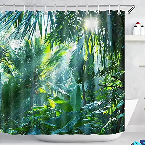 LB Grün Wald Duschvorhang 180x180CM Tropischer Dschungel Duschvorhänge mit Haken,Bananen Blätter Palme Pflanze Bad Vorhang Polyester Wasserdicht Anti Schimmel Badezimmer Vorhänge von LB