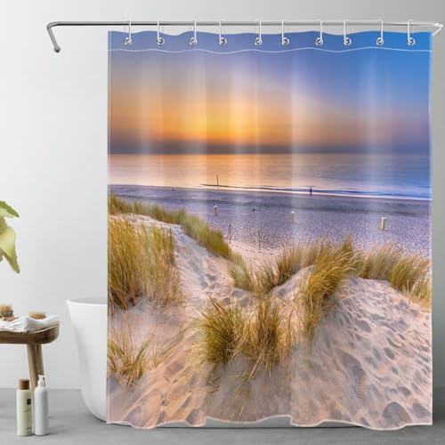 LB Tropischer Strand Duschvorhang 120x175cm Orange Sunset Küste Botanisch Antischimmel Wasserdicht Badezimmer Vorhänge,Sommer Meer Extra Kurz Polyester Stoff Bad Vorhang mit Haken von LB