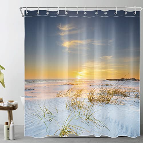 LB Tropischer Strand Duschvorhang 180x200cm Pflanze weißem Sand Sonnenuntergang Antischimmel Wasserdicht Badezimmer Vorhänge, Küstenlandschaft Meer Extra Lange Polyester Stoff Bad Vorhang mit Haken von LB