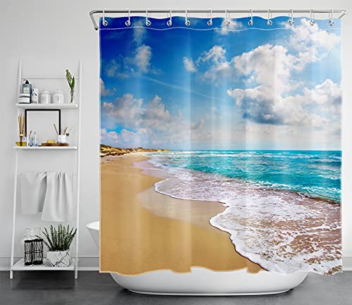 LB Tropischer Strand Duschvorhang Antischimmel Wasserdicht Badezimmer Vorhänge Türkis Meer und Blau Himmel 180x200cm Extra Lang Polyester Bad Vorhang mit Haken von LB