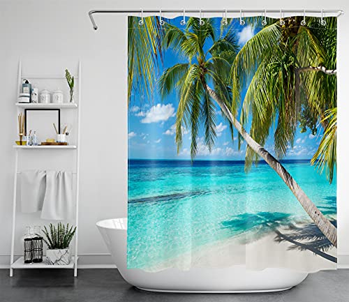 LB Türkisfarbener Ozean Duschvorhang Antischimmel Wasserdicht Badezimmer Vorhänge Grüne Palme am Strand 150x200cm Extra Lang Polyester Bad Vorhang mit Haken von LB