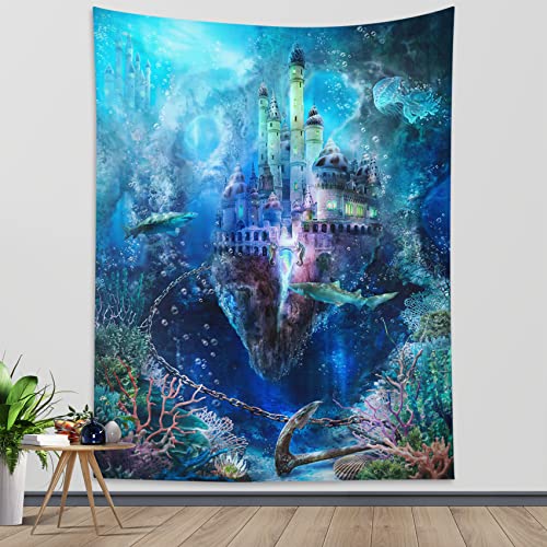 LB Unterwasser Schloss Wandteppich Meereslebewesen Wandtuch Blaues Meer Wandbehang Marchen Tapisserie für Wohnzimmer Schlafzimmer Wohnheim Wanddeko,100x150cm von LB