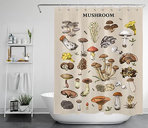 LB Vintage Pilz Duschvorhang 150x200cm Botanische Pflanze Antischimmel Wasserdicht Badezimmer Vorhänge, Minimalistisch Extra Lange Polyester Stoff Bad Vorhang mit Haken von LB