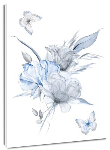 LB Wandbilder Blaue und graue Blume Poster Ästhetischer Schmetterling Wanddruck Rustikale Pflanze Leinwand Bilder für Wohnzimmer Schlafzimmer Badezimmer Wand Deko,40x60cm Ungerahmt von LB