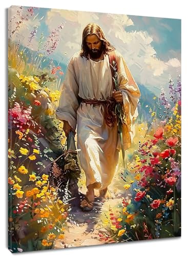 LB Wandbilder Christlich Poster Jesus geht auf Landstraßen Wanddruck Ästhetische Blume Leinwand Bilder für Wohnzimmer Schlafzimmer Badezimmer Wand Deko,40x60cm Ungerahmt von LB