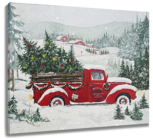 LB Wandbilder Grüner Weihnachtsbaum Wanddruck Bauernhaus Roter LKW Leinwand Bilder Rustikaler Wald Winterschnee Poster für Wohnzimmer Schlafzimmer Badezimmer Wand Deko,40x30cm Ungerahmt von LB