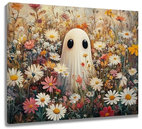 LB Wandbilder Halloween-Geist- Wand Deko Wohnzimmer Rosa Weiß Ästhetische Blumen- Poster Leinwand Geisterhaft für Schlafzimmer Badezimmer küchen,60x40cm, Kein Rahmen LB Wandbilder Halloween-Geist- Wand Deko Wohnzimmer Rosa Weiß Ästhetische Blumen- Poster Leinwand Geisterhaft für Schlafzimmer Badezimmer küchen,60x40cm, Kein Rahmen von LB