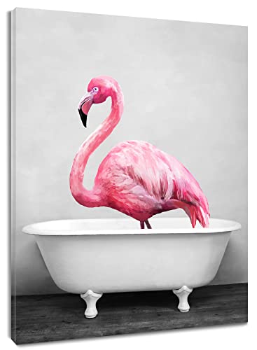 LB Wandbilder Rosa Flamingo Wanddruck Niedlicher Vogel in der Badewanne Leinwand Bilder Grau Schwarz Poster für Wohnzimmer Schlafzimmer Badezimmer Wand Deko,30x40cm Ungerahmt von LB