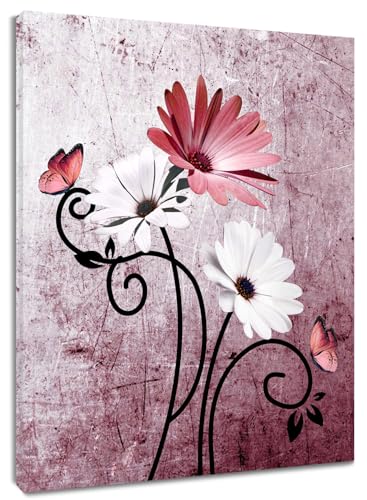 LB Wandbilder Rosa und weiße Blume Poster Vintage Geometrisch Wanddruck Abstraktes Gänseblümchen Leinwand Bilder für Wohnzimmer Schlafzimmer Badezimmer Wand Deko,30x40cm Ungerahmt von LB