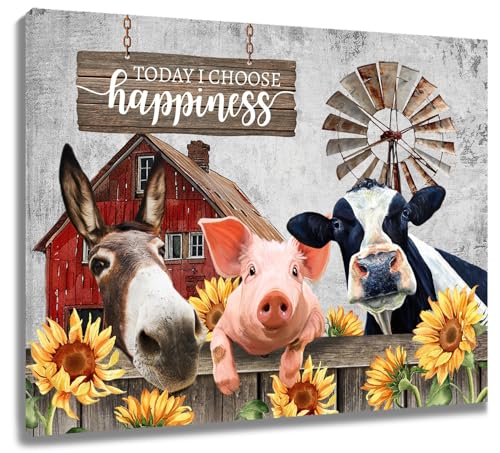 LB Wandbilder Tier auf dem Bauernhof Poster Esel Schwein Kuh Gelbe Sonnenblume Wanddruck Ginsterheiden-Bodeneule Leinwand Bilder für Wohnzimmer Schlafzimmer Badezimmer Wand Deko,60x40cm Ungerahmt von LB
