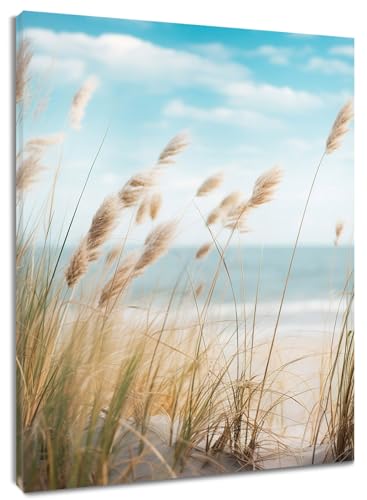 LB Wandbilder Tropischer Strand Wanddruck Boho-Pampaspflanze am Meer Leinwand Bilder Sommerliche Küstenlandschaft Poster für Wohnzimmer Schlafzimmer Badezimmer Wand Deko,30x30cm Gerahmt von LB