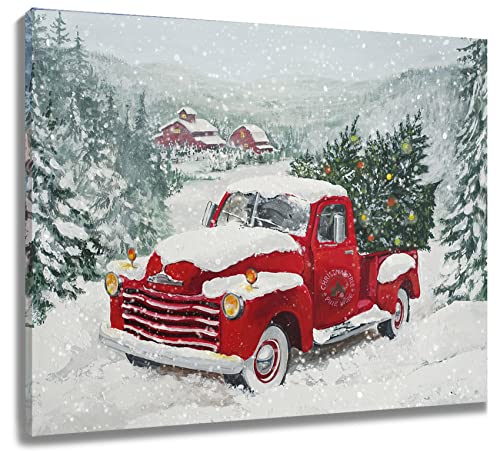 LB Wandbilder Winter Schneewald Wanddruck Grüner Weihnachtsbaum auf rotem LKW des Bauernhauses Leinwand Bilder Rustikaler Berg Poster für Wohnzimmer Schlafzimmer Badezimmer Wand Deko,40x30cm Ungerahmt von LB