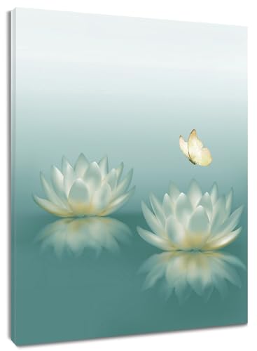LB Wandbilder Zen Grünes Spa Wanddruck Weiße Seerosenblume Gelber Schmetterling Leinwand Bilder Yoga Entspannen Poster für Wohnzimmer Schlafzimmer Badezimmer Wand Deko,40x50cm Gerahmt von LB