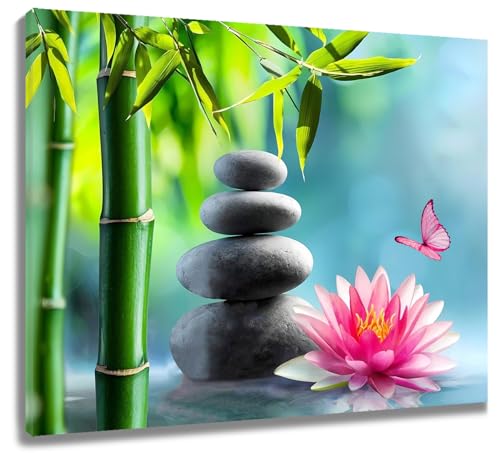 LB Wandbilder Zen Spa Wanddruck Graue Steine Rosa Blumen mit Schmetterling Leinwand Bilder Grüner Bambus Poster für Wohnzimmer Schlafzimmer Badezimmer Wand Deko,40x30cm Ungerahmt von LB