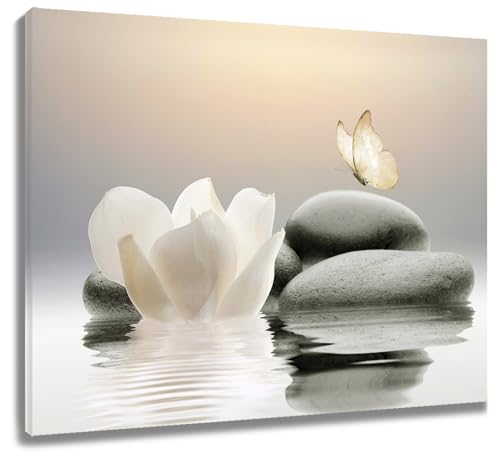 LB Wandbilder Zen-Stein Poster Weiße Seerosenblüte mit gelbem Schmetterling Wanddruck Relax Spa Leinwand Bilder für Wohnzimmer Schlafzimmer Badezimmer Wand Deko,60x40cm Ungerahmt von LB