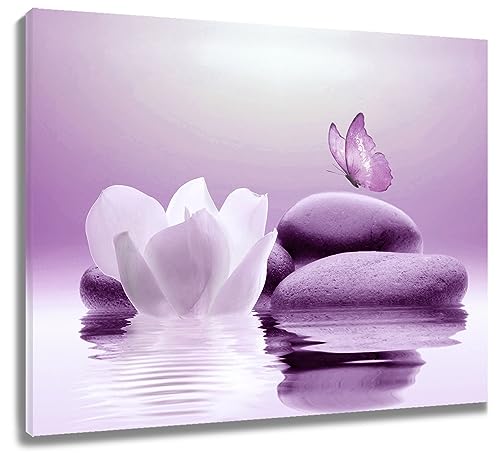 LB Wandbilder Zen Stein Wanddruck Weiße Seerosenblume mit lila Schmetterling Leinwand Bilder Entspannen Kurort Poster für Wohnzimmer Schlafzimmer Badezimmer Wand Deko,50x40cm Gerahmt von LB