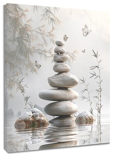 LB Wandbilder Zen-Steine Wanddruck Weißer Schmetterling aus Bambus Leinwand Bilder Entspannungs-Yoga Poster für Wohnzimmer Schlafzimmer Badezimmer Wand Deko,40x50cm Gerahmt von LB