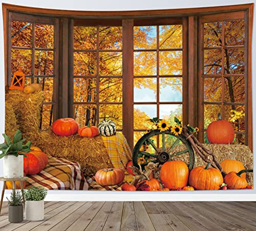 LB Wandteppich Bauernhof im Herbst Wandtuch Orange Kürbis gelber Wald Wandbehang Herbstansicht aus dem Fenster Tapisserie für Wohnzimmer Schlafzimmer Wohnheim Wanddeko,150x100cm von LB