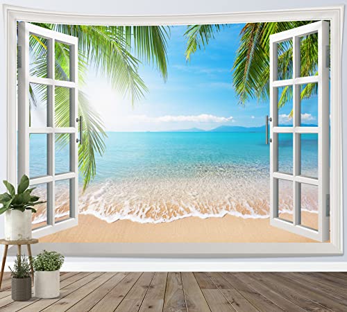 LB Wandteppich Blau Meer Wandtuch Tropischer Strand mit grün Palmblatt Wandbehang Sommerliche Küsteninsellandschaft aus dem Fenster Tapisserie für Wohnzimmer Schlafzimmer Wohnheim Wanddeko,235x180cm von LB