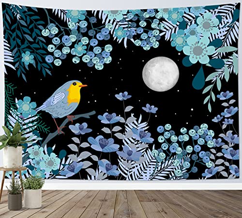 LB Wandteppich Blaue Pflanzen Wandtuch Vogel am Baum mit Blume Wandbehang Weißer Mond am schwarzen Nachthimmel Tapisserie für Wohnzimmer Schlafzimmer Wohnheim Wanddeko,150x100cm von LB