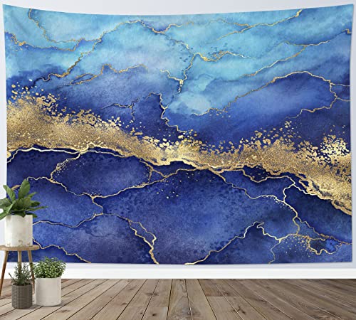 LB Wandteppich Blauer Marmor Wandtuch Abstrakte Geometrie Wandbehang Gebrochener Goldstreifen Modern Tapisserie für Wohnzimmer Schlafzimmer Wohnheim Wanddeko,200x150cm von LB