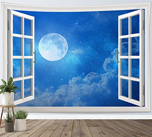 LB Wandteppich Blauer Nachthimmel Wandtuch Mond mit Wolke Wandbehang Naturlandschaft vor dem Fenster Tapisserie für Wohnzimmer Schlafzimmer Wohnheim Wanddeko,200x150cm von LB