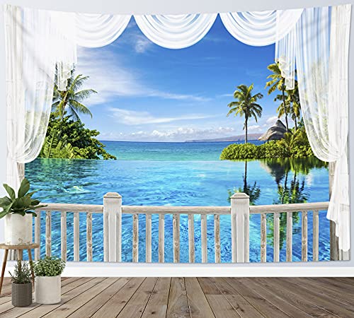 LB Wandteppich Blaues Meer Wandtuch Grün Palme Wandbehang Sommer Landschaft Tapisserie für Wohnzimmer Schlafzimmer Wohnheim Wanddeko,235x180cm von LB