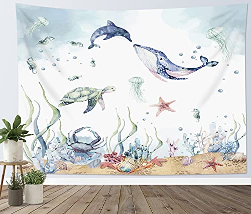 LB Wandteppich Blauwal Wandtuch Delfine und Meeresschildkröten Wandbehang für Kinder Meereslebewesen Tapisserie für Wohnzimmer Schlafzimmer Wohnheim Wanddeko,235x180cm von LB