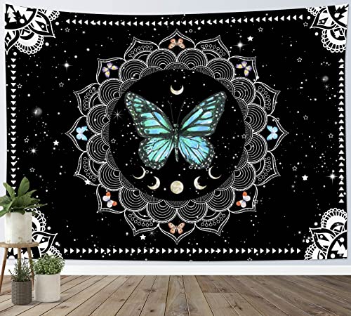 LB Wandteppich Der blaue Schmetterling Wandtuch Mondphase Mandala Blume Wandbehang Schwarz und Weiß Tapisserie für Wohnzimmer Schlafzimmer Wohnheim Wanddeko,200x150cm von LB