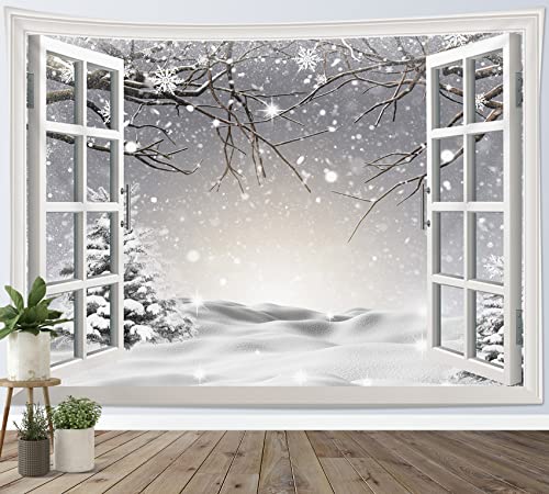 LB Wandteppich Der schneebedeckte Wald Wandtuch Kiefer vor dem Fenster Wandbehang Graue Winterlandschaft Tapisserie für Wohnzimmer Schlafzimmer Wohnheim Wanddeko,235x180cm von LB