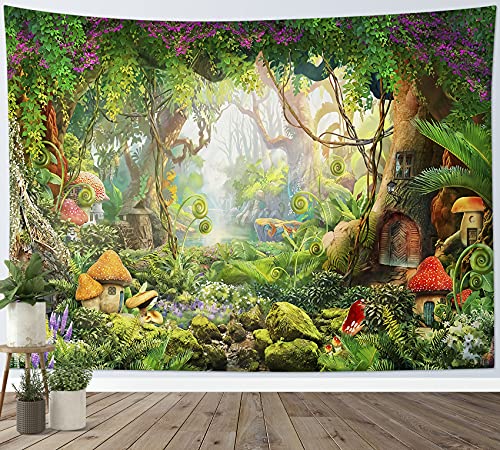 LB Wandteppich Fantasie-grüner Wald Wandtuch für Kinder Märchen Wandbehang Pflanzen und Blumen Tapisserie für Wohnzimmer Schlafzimmer Wohnheim Wanddeko,150x130cm von LB
