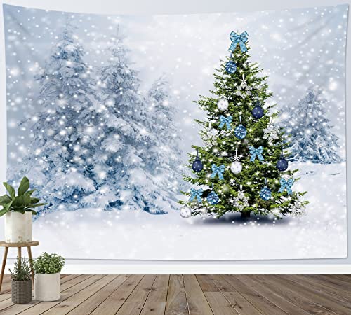 LB Wandteppich Frohe Weihnachten Wandtuch BlauGrüner Weihnachtsbaum Wandbehang Winterschneewald Tapisserie für Wohnzimmer Schlafzimmer Wohnheim Wanddeko,235x180cm von LB