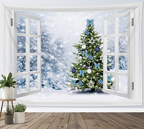 LB Wandteppich Frohe Weihnachten Wandtuch BlauGrüner Weihnachtsbaum Wandbehang Winterschneewald vor dem Fenster Tapisserie für Wohnzimmer Schlafzimmer Wohnheim Wanddeko,200x150cm von LB