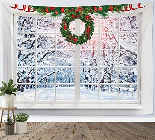 LB Wandteppich Frohe Weihnachten Wandtuch Schneewald vor dem Fenster Wandbehang Winterlandschaft Tapisserie für Wohnzimmer Schlafzimmer Wohnheim Wanddeko,150x100cm von LB