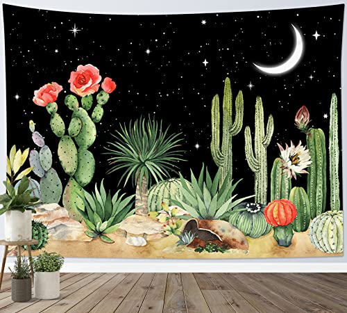 LB Wandteppich Grüner Kaktus Wandtuch Rote Blüten auf Sukkulenten Wandbehang Weißer Mond am schwarzen Nachthimmel Tapisserie für Wohnzimmer Schlafzimmer Wohnheim Wanddeko,150x100cm von LB